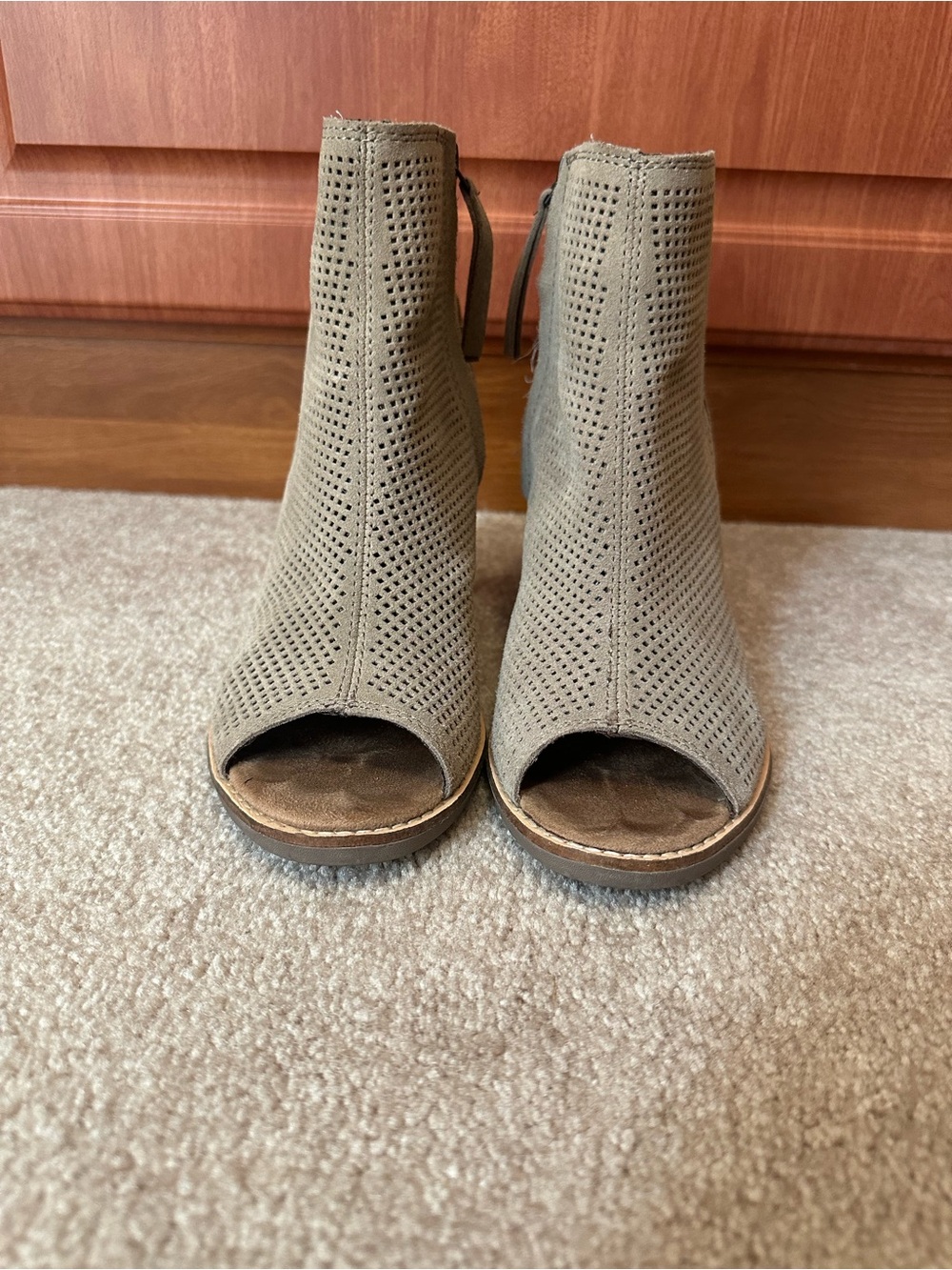Toms Taupe Perforated Peep-Toe Heeled Booties. Size 7, like new.